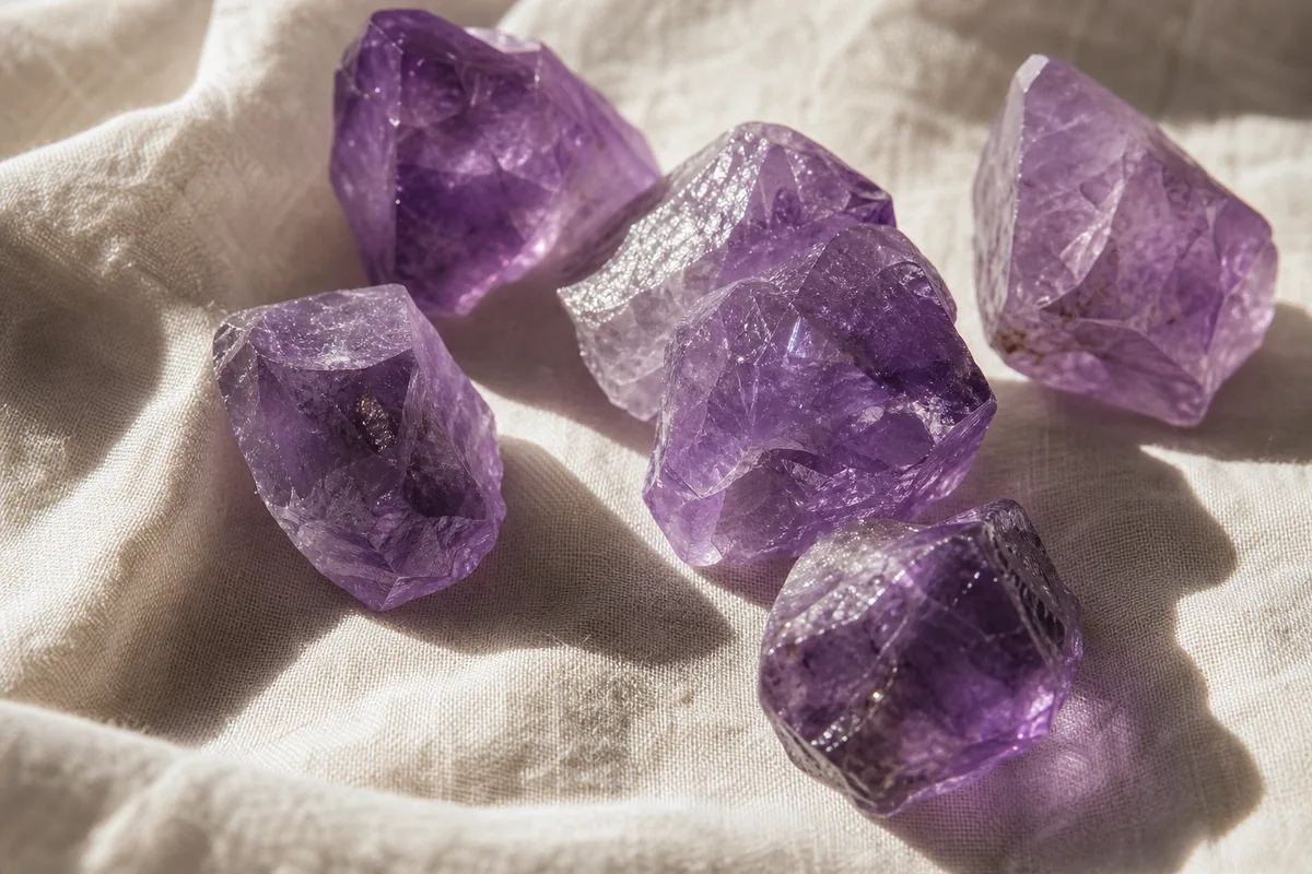 Cristaux d&rsquo;améthyste bruts posés sur un tissu de lin, nuances de violet variables