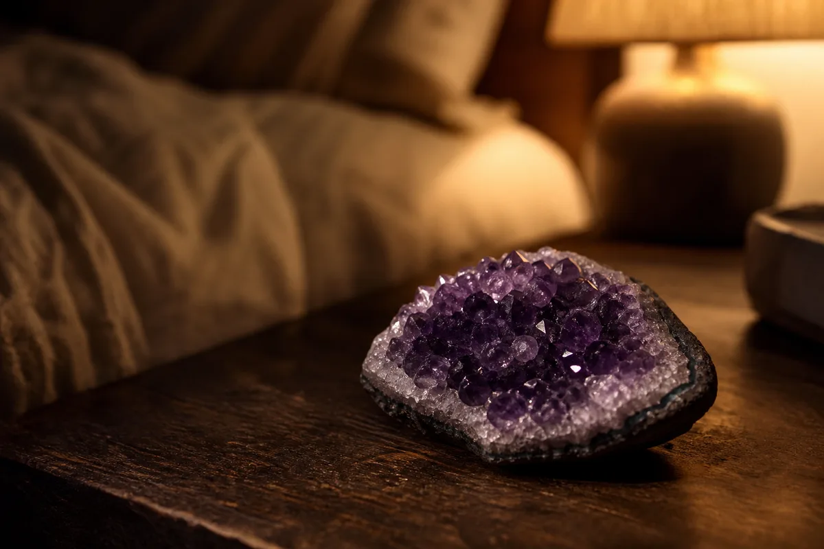 Géode d&rsquo;améthyste posée sur une table de chevet en bois sombre, lampe basse allumée