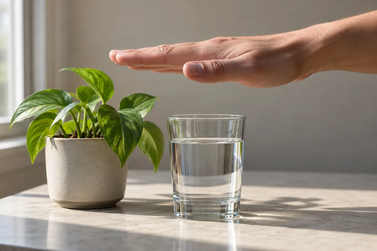 Main adulte tendue paume vers le bas au-dessus d&rsquo;un verre d&rsquo;eau et d&rsquo;une petite plante verte posés sur une table claire, lumière de fenêtre