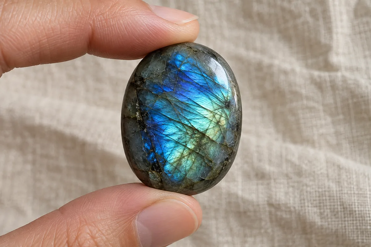 Labradorite polie aux reflets bleus et verts tenue entre le pouce et l&rsquo;index, gros plan sur fond de lin écru