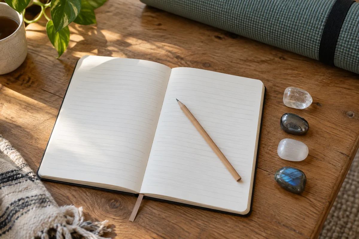 Carnet ouvert aux pages vierges, crayon posé en travers et quatre pierres roulées alignées à côté, tapis de yoga flou en arrière-plan