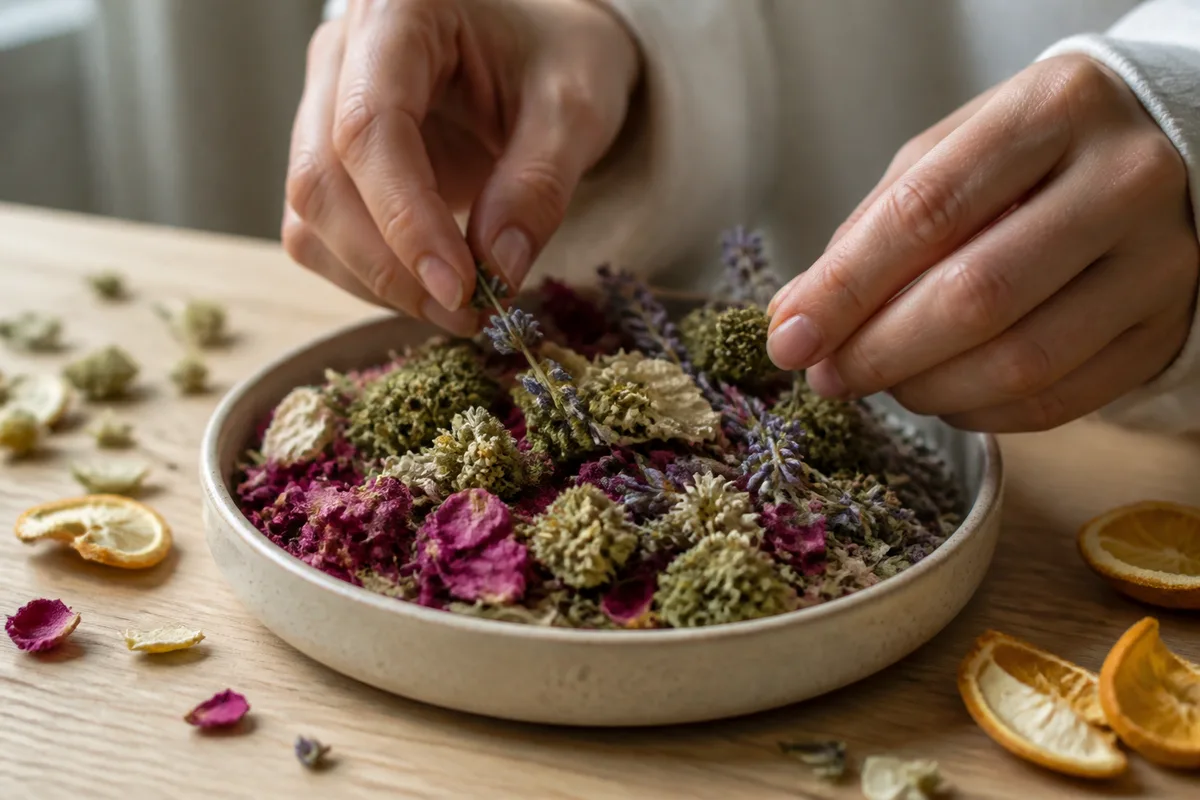 Coupelle de céramique remplie de fleurs séchées de lavande, de rose et de chanvre posée sur une table en bois clair