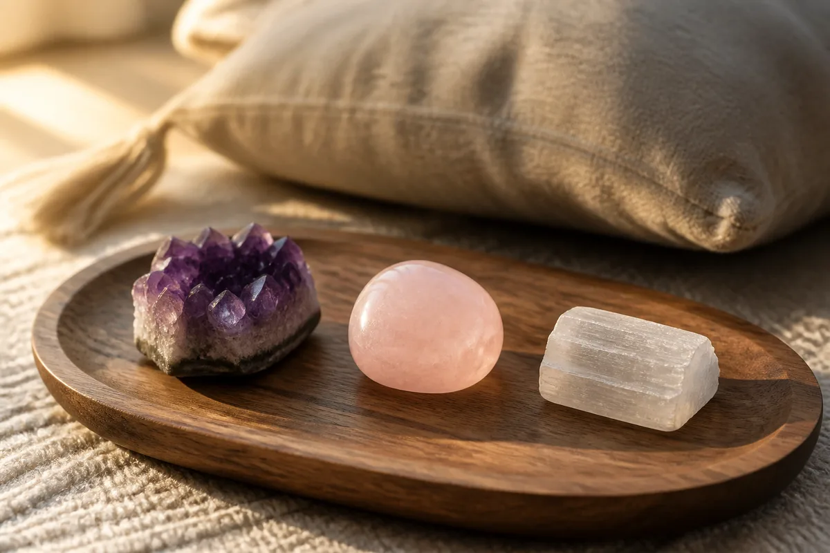 Trois pierres roulées améthyste, quartz rose et sélénite alignées sur un plateau de bois près d’un coussin de sol
