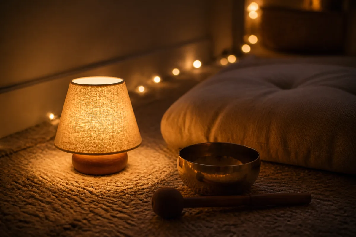 Petite lampe posée au sol près d’un coussin, lumière chaude tamisée et bol chantant en laiton sur un tapis