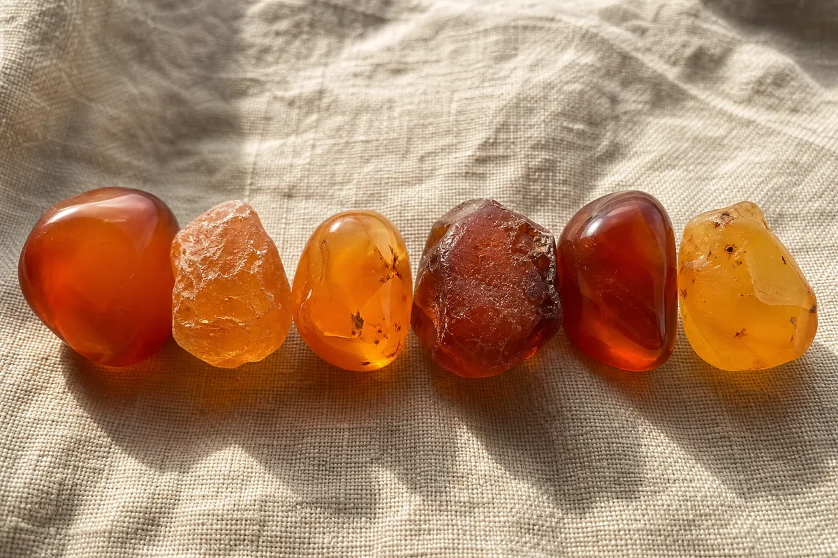 Cornalines brutes et polies posées sur un tissu de lin écru, nuances orangées inégales