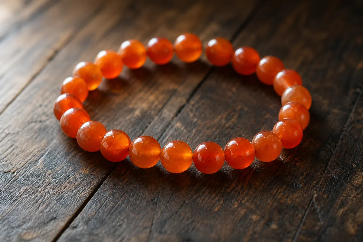 Bracelet de perles orange posé à plat sur un plan de travail en bois sombre, lumière rasante