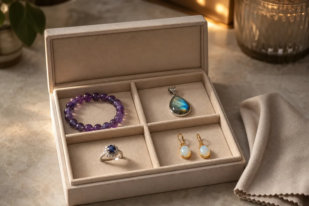 Bijoux en pierres naturelles rangés séparément dans un écrin doublé de velours