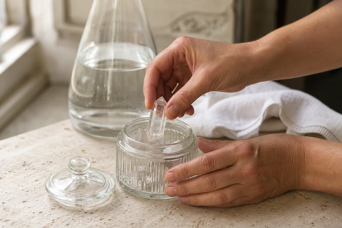 Mains déposant un cristal de quartz dans un petit bocal en verre à côté d’une carafe