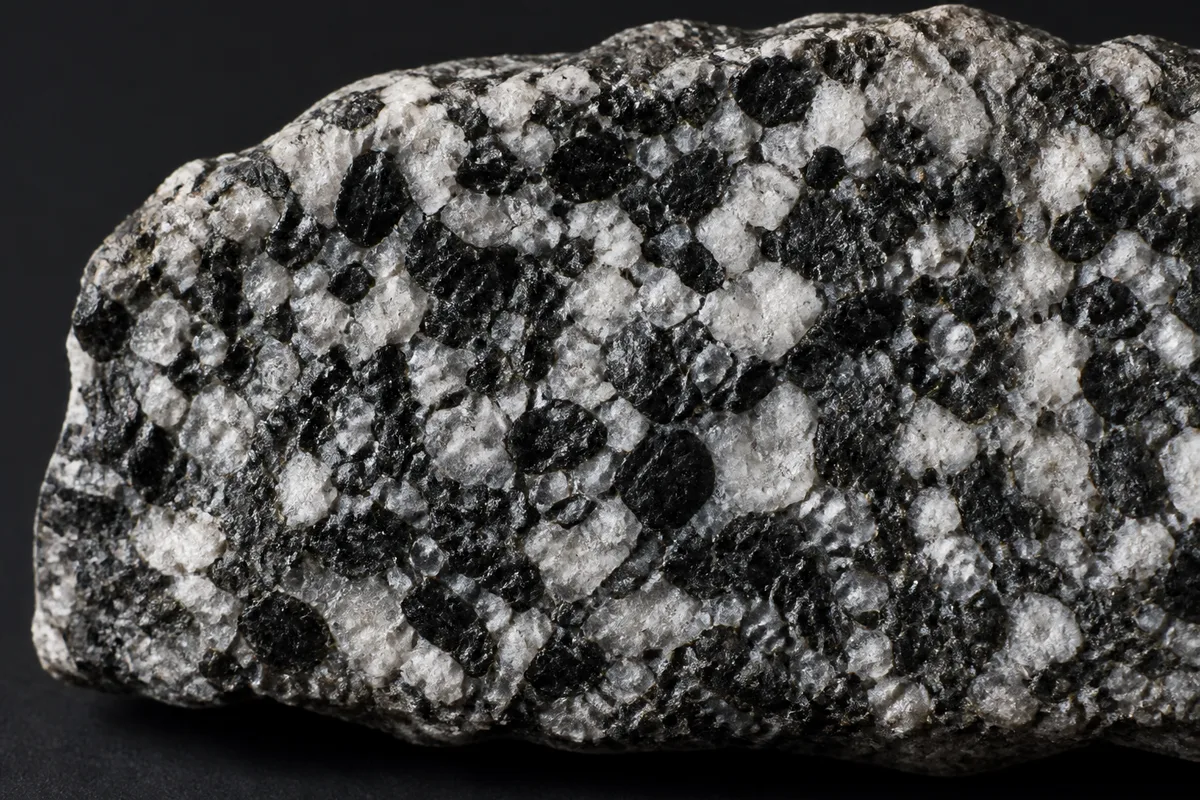 Macro d&rsquo;une roche mouchetée noir et blanc, grains cristallins visibles sous une lumière rasante