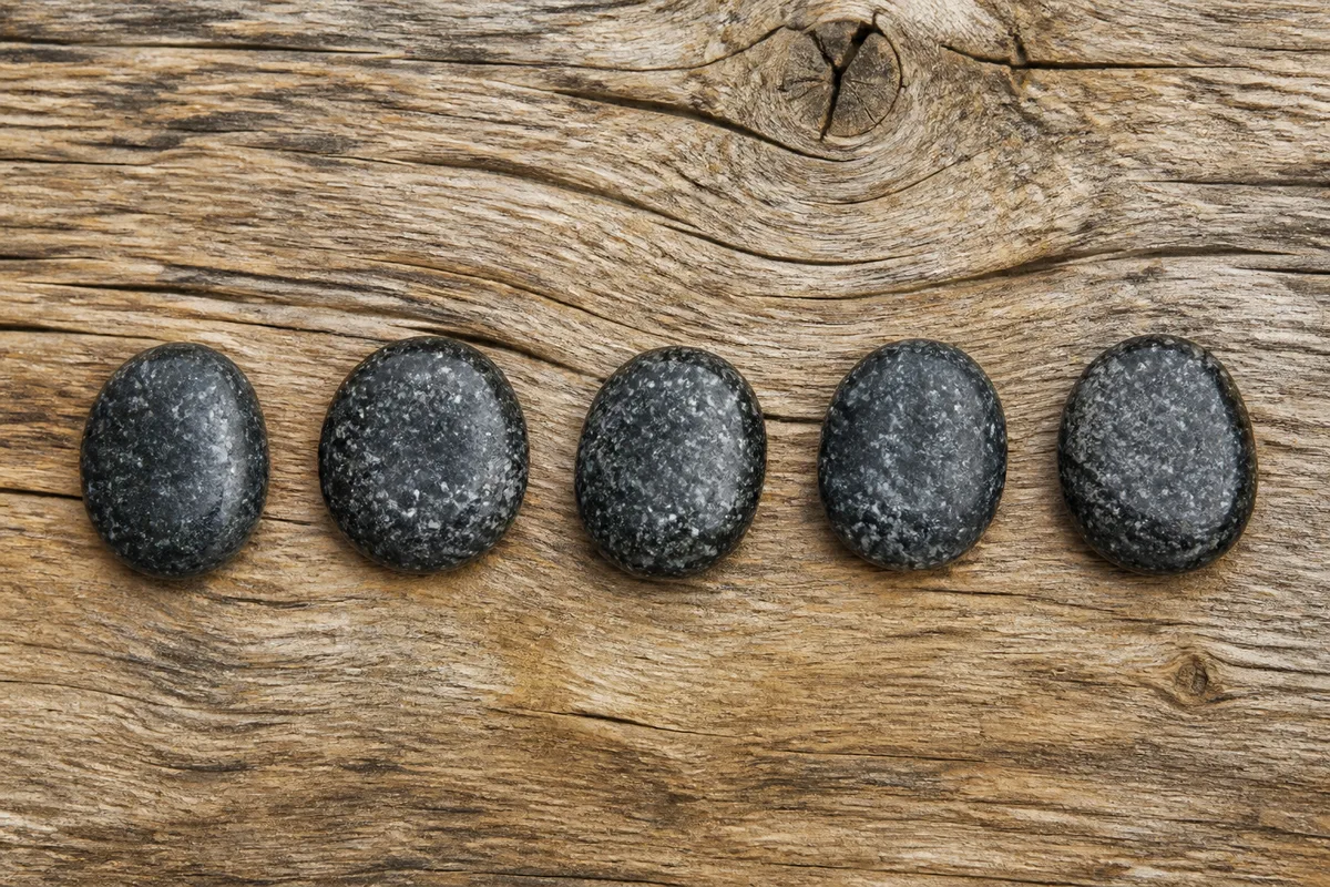 Galets sombres polis alignés sur une planche de bois brut, moucheté noir et blanc visible