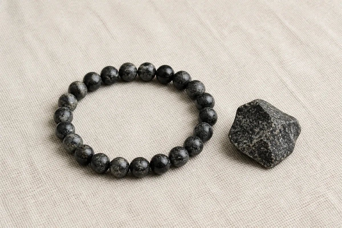 Bracelet de perles sombres posé à plat près d&rsquo;un galet brut, lumière naturelle latérale