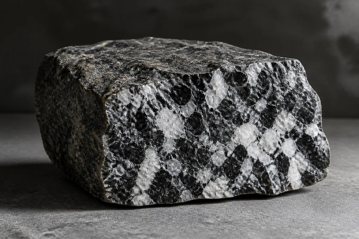 Coupe de roche brute noire et blanche posée sur une table de pierre, lumière naturelle rasante
