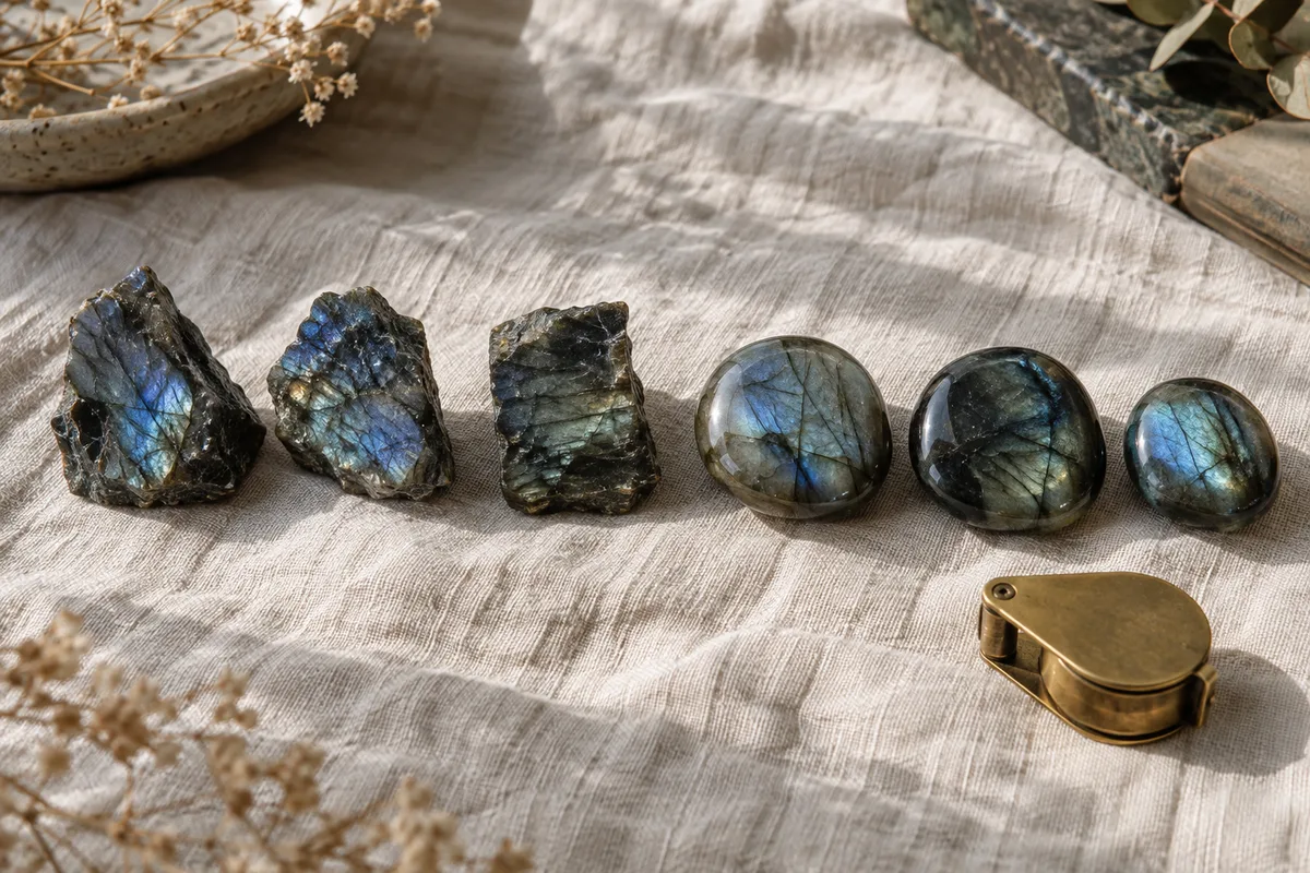 Labradorites brutes et polies alignées sur un lin écru, loupe de joaillier posée à côté