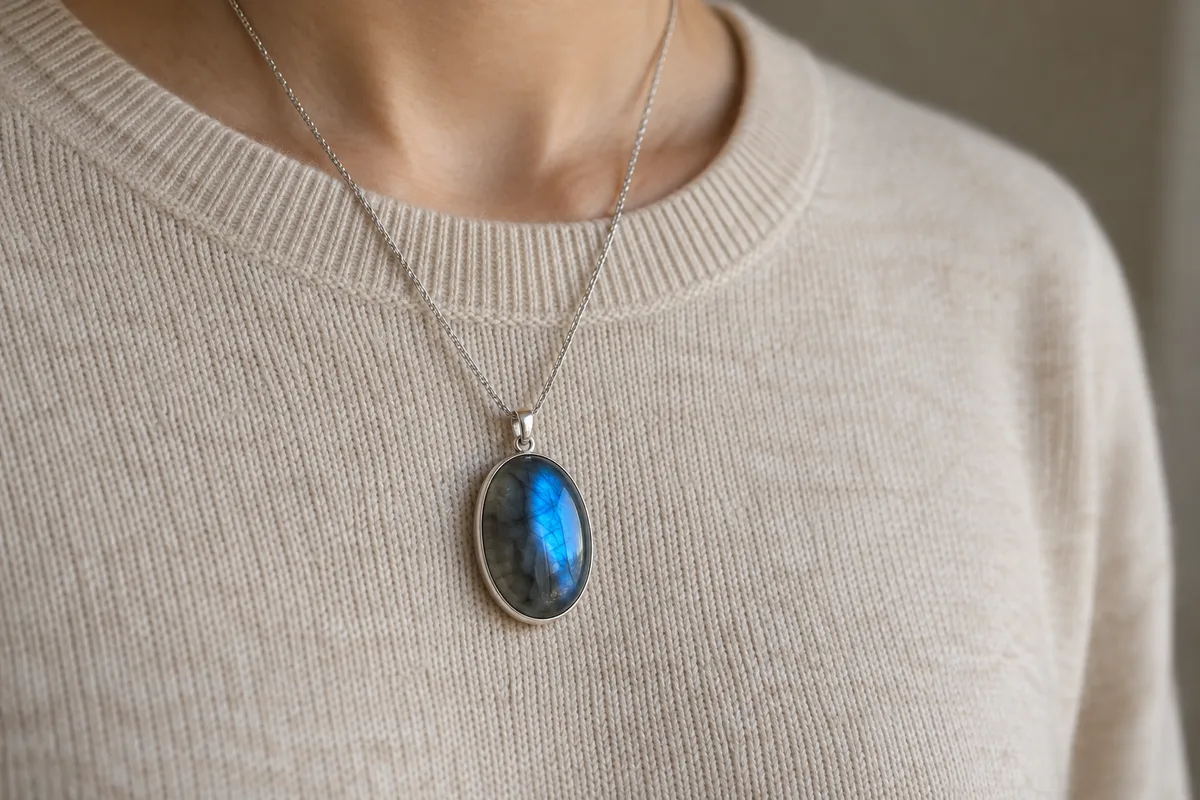 Pendentif en labradorite serti argent porté sur un pull clair, cadrage sur le buste