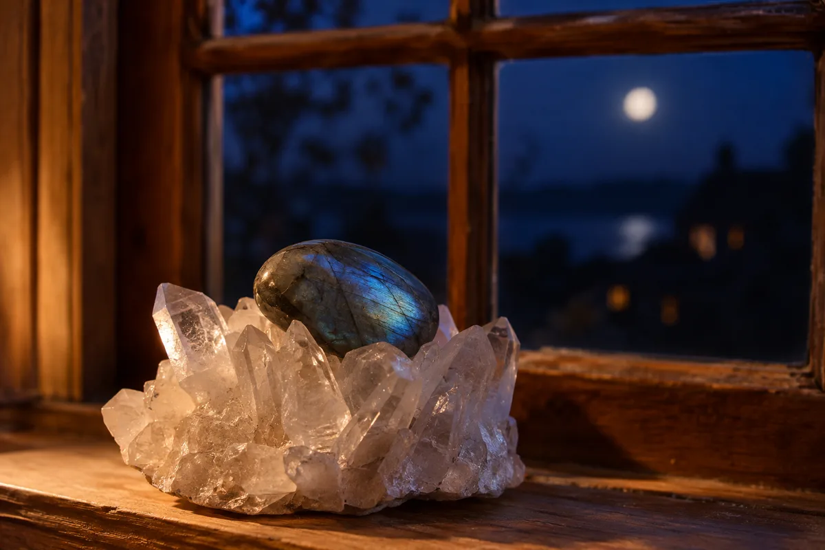 Pierre roulée de labradorite posée sur un amas de quartz au bord d&rsquo;une fenêtre, le soir