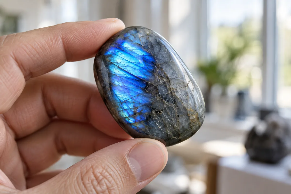 Main inclinant une labradorite sous la lumière d&rsquo;une fenêtre, reflets bleus mobiles