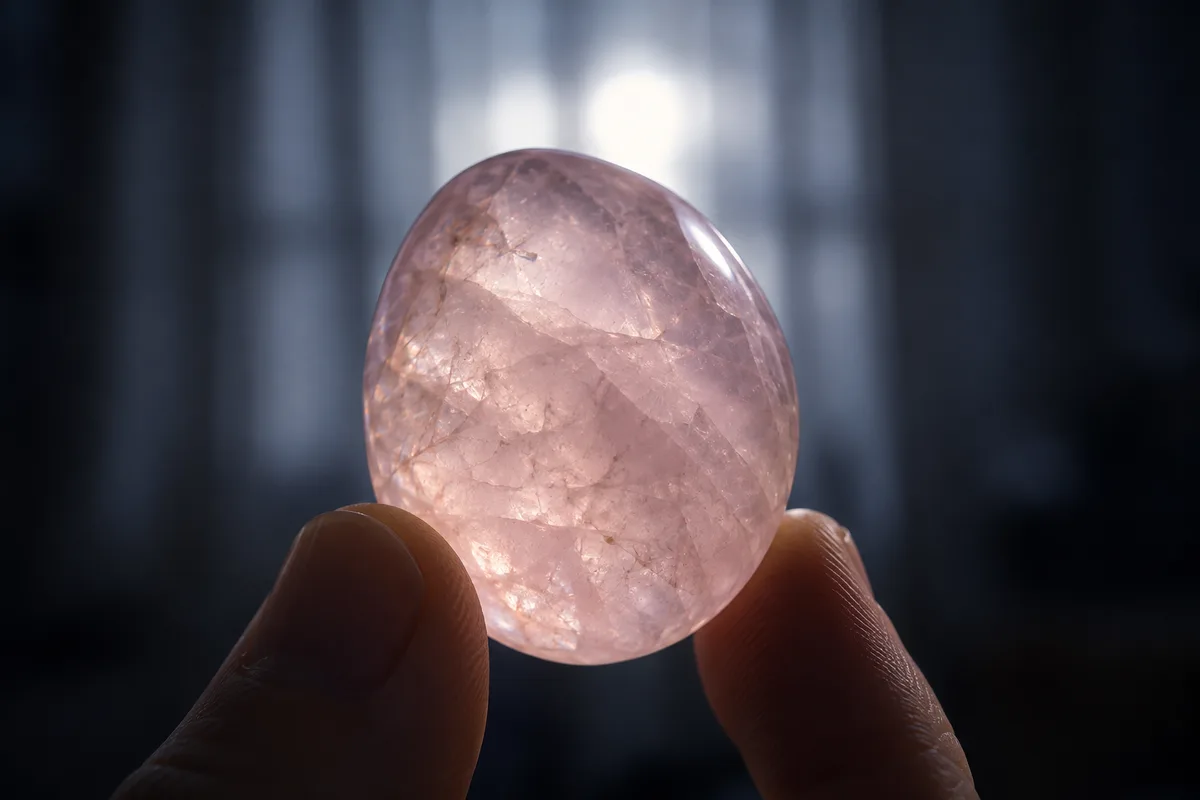 Gros plan sur un galet de quartz rose laiteux tenu entre deux doigts devant une fenêtre à lumière douce