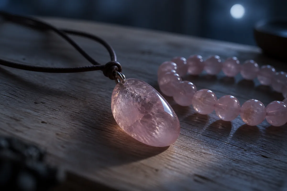 Pendentif de quartz rose sur cordon de cuir posé à côté d&rsquo;un bracelet de perles roses sur une table de bois clair