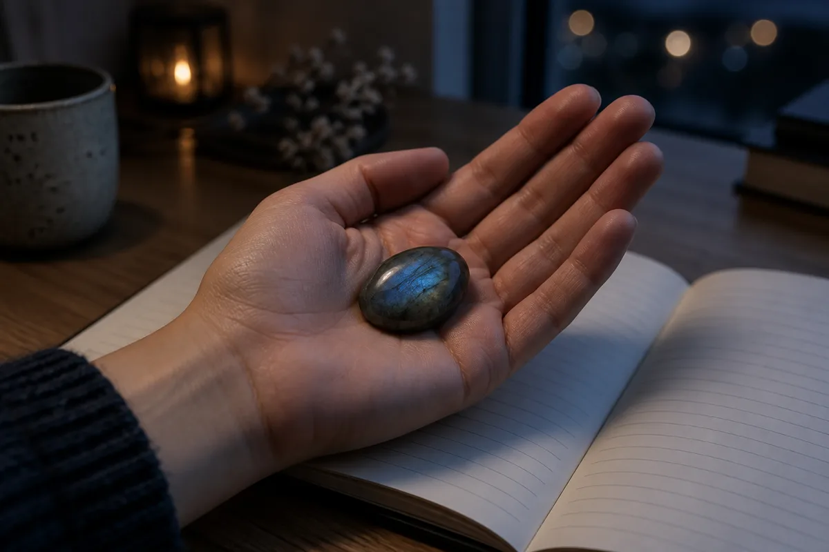 Main ouverte tenant une labradorite grise aux reflets bleus au-dessus d&rsquo;un carnet ouvert aux pages lignées vierges, sur une table en bois clair