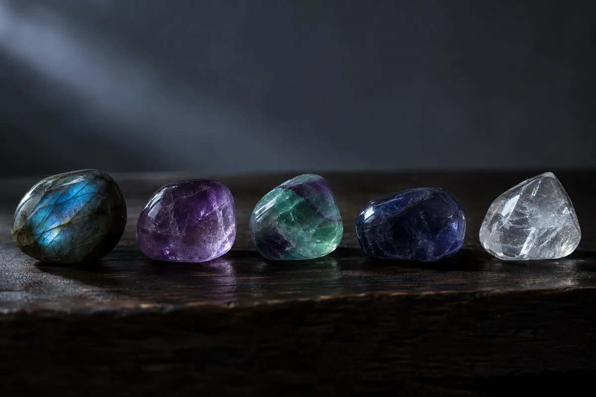 Cinq pierres roulées alignées sur un plateau de bois sombre, labradorite, améthyste, fluorite, iolite et apophyllite, lumière rasante de fenêtre
