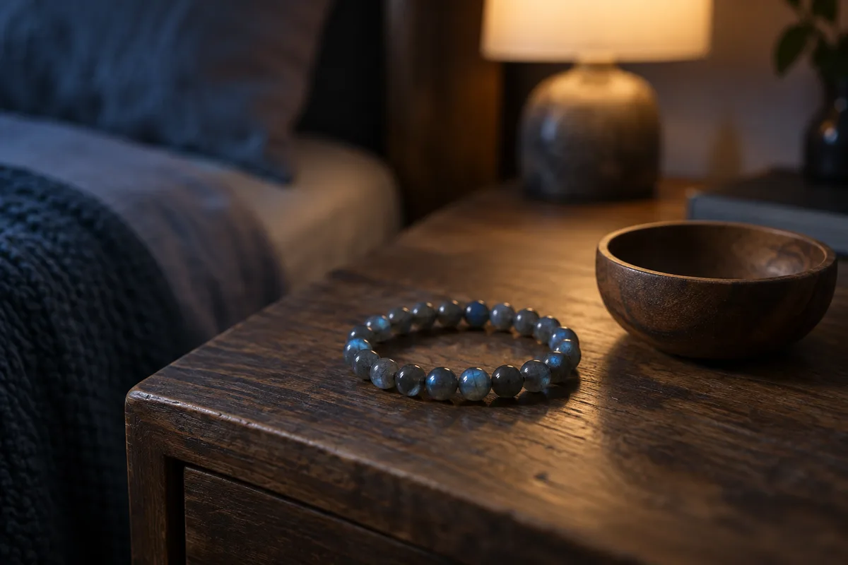 Bracelet de perles de labradorite posé près d&rsquo;une petite coupelle de bois sur une table de nuit, lampe allumée en arrière-plan