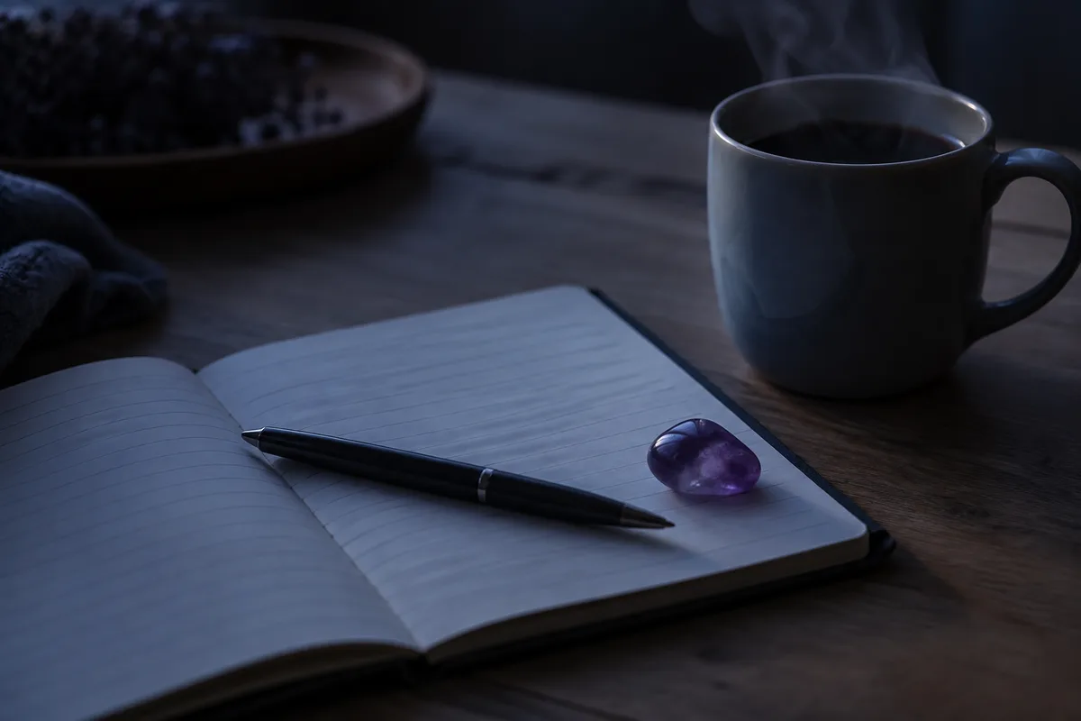 Carnet ouvert aux pages lignées vierges, stylo posé en travers et petite améthyste violette à côté d&rsquo;une tasse fumante au petit matin